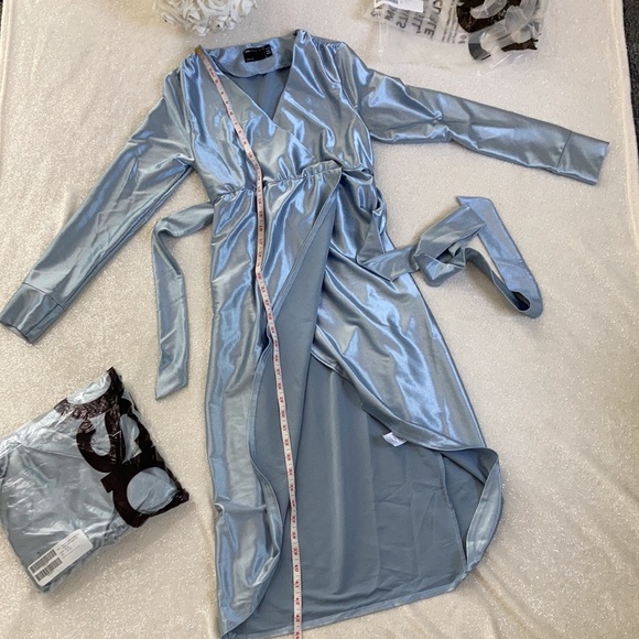 NWT Maternity Blue Satin Wrap Cocktail Midi Dress Size 10 - Picture 13 of 16